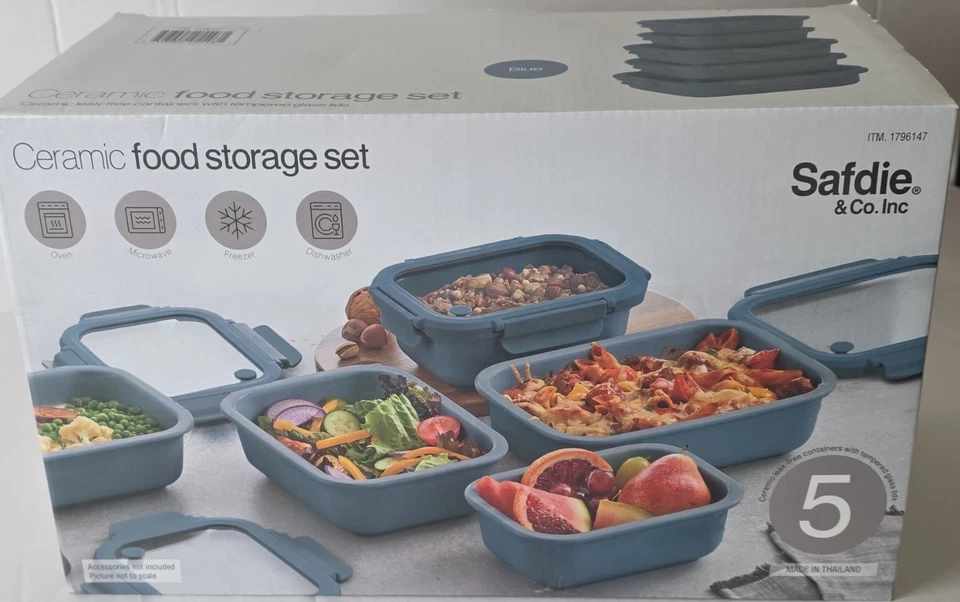 Safdie & Co. Inc 5pc Blue Ceramic Storage Container Set Snap Lids Microwave